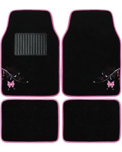 Autogear 4 Piece Floor Mat Set Black With Butterfly Pink 