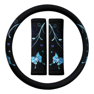3Piece Steering Wheel Cover/Seat Belt Comforter Blue Butterfly Set