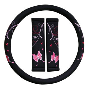 3Piece Steering Wheel Cover/Seat Belt Comforter Blue Butterfly Set