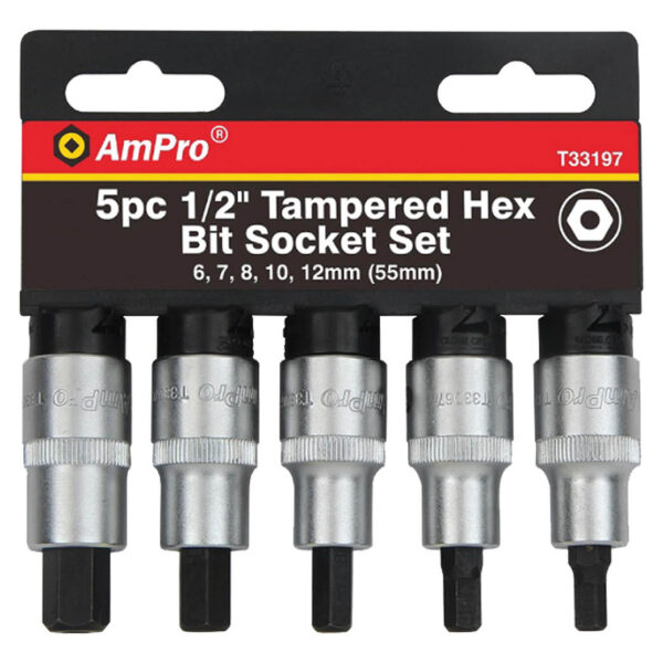 Ampro 5 Piece 1/2" Drive Tamper Proof Hex Bit Socket Set 6-12m